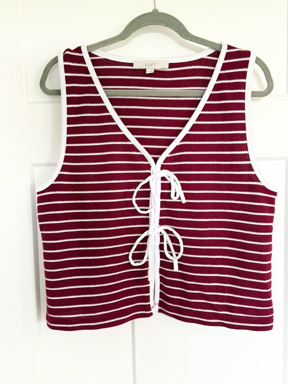 LOFT Red and White Striped Tie-Front Sleeveless Sweater Tank